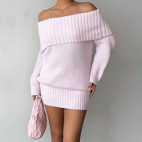 Pink Casual Women's Valentine's Day One Shoulder Knit Mini Dress - Picture 3 of 8
